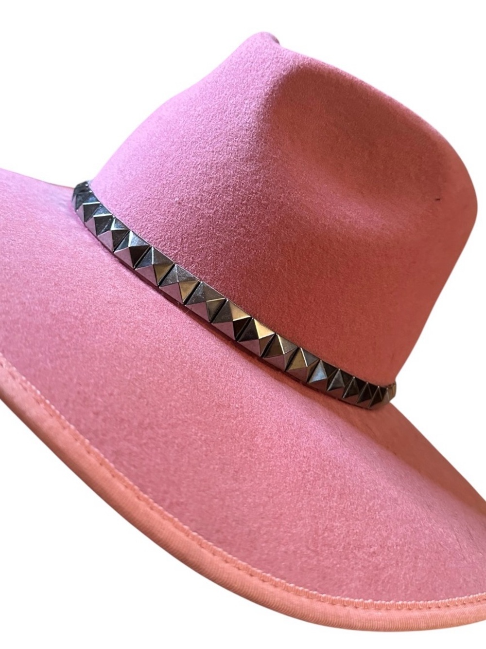 Olivia & Pique Women's Pink 100% Wool Wide Brim Cowboy Hatwith Pyramid Stud Trim